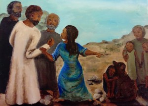 The Canaanite woman pleads with Jesus for her child