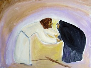 Jesus and Bent Over Woman, (c) Barbara Schwarz OP, www.artafire.homestead.com