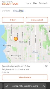 Screenshot of a map of the National Solar Tour, with Peace Lutheran Church in Seattle highliighted